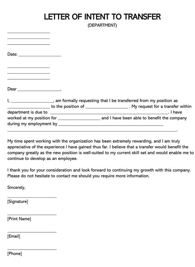 Comprehensive Printable Transfer Department Job Letter of Intent Sample 01 for Word Document