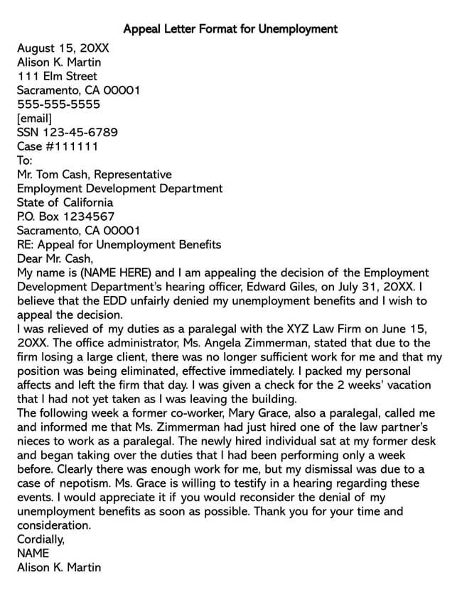 Editable Unemployment Appeal Letter Format