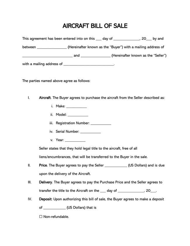 Free Downloadable Aircraft Bill of Sale Form as Word File