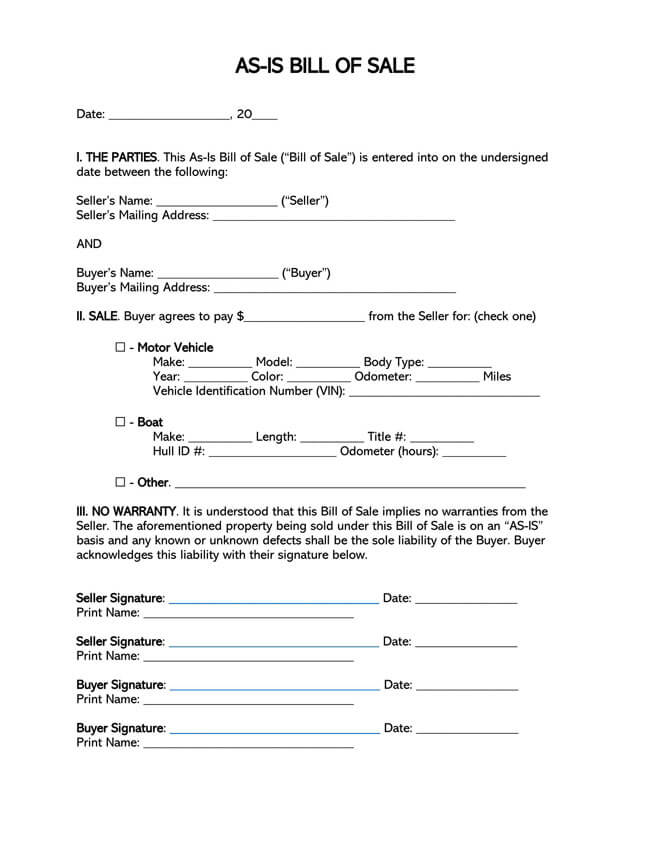 Free Downloadable As Is Bill of Sale Form as Word File