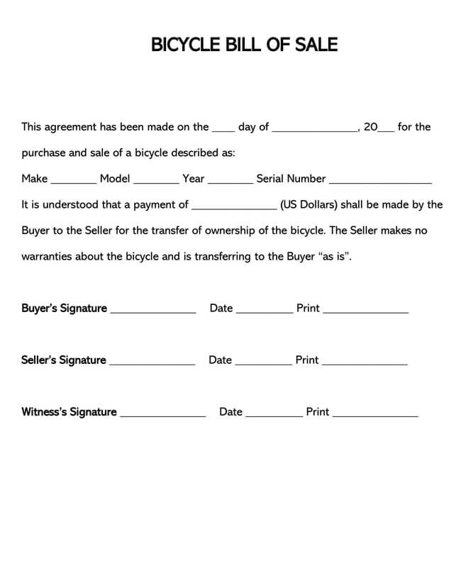 Free Downloadable Bicycle Bill of Sale Form as Word File