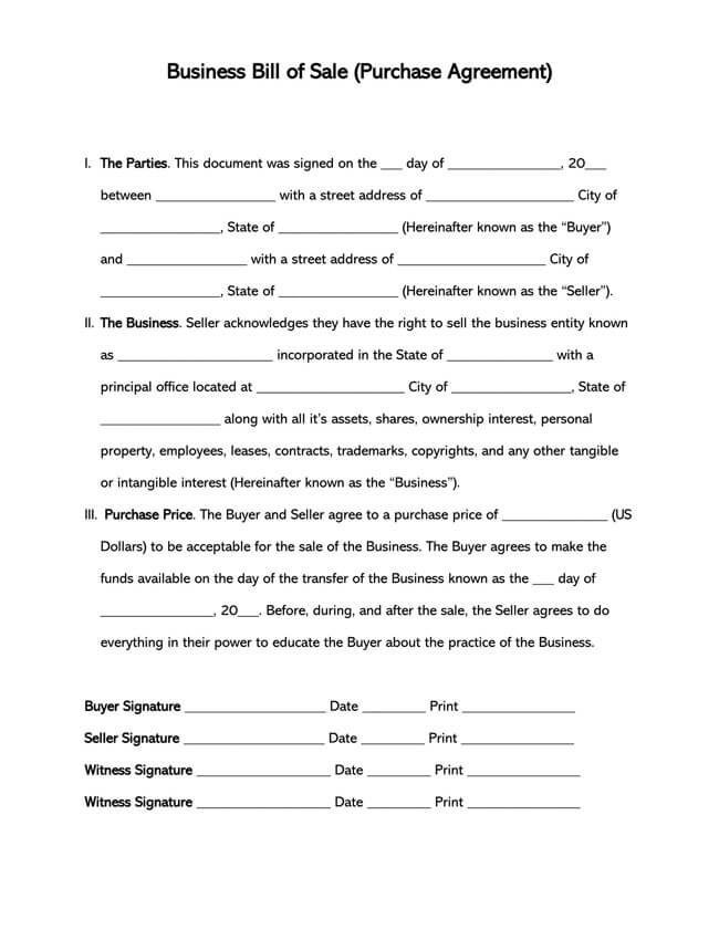 Editable Business Bill of Sale Form - Printable Template