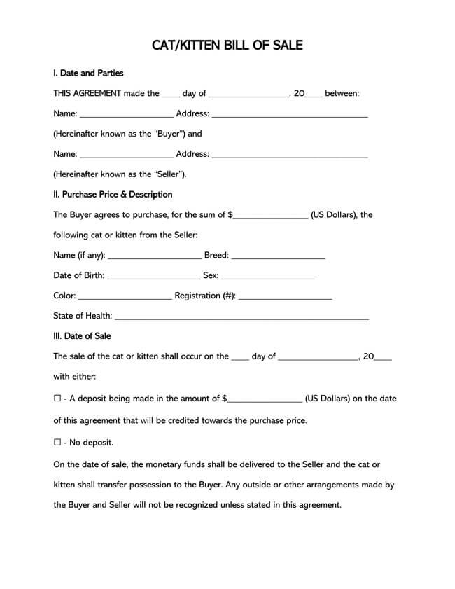 Download Cat Bill of Sale Form - Free Example