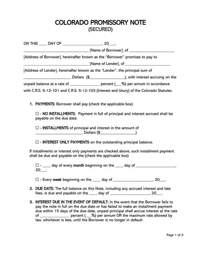 Colorado Secured Promissory Note Template