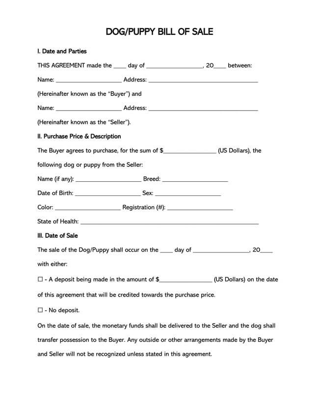 Free Printable Dog Bill of Sale Form as Word Document