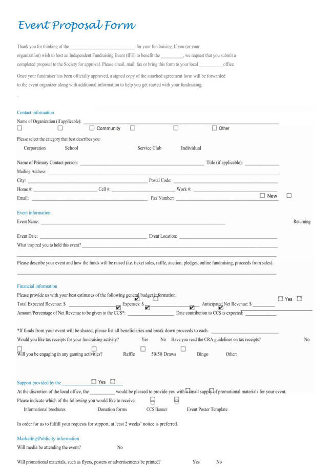 Editable event proposal form for easy customization