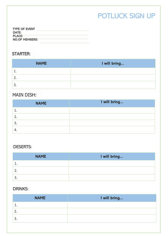 Printable Potluck Sign-up Sheet Form