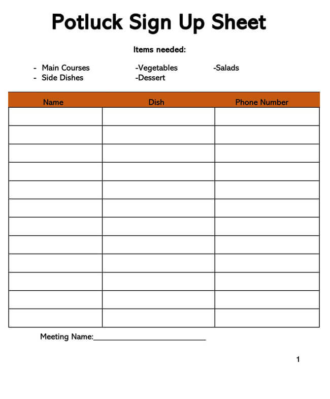 Sample Potluck Sign-up Sheet