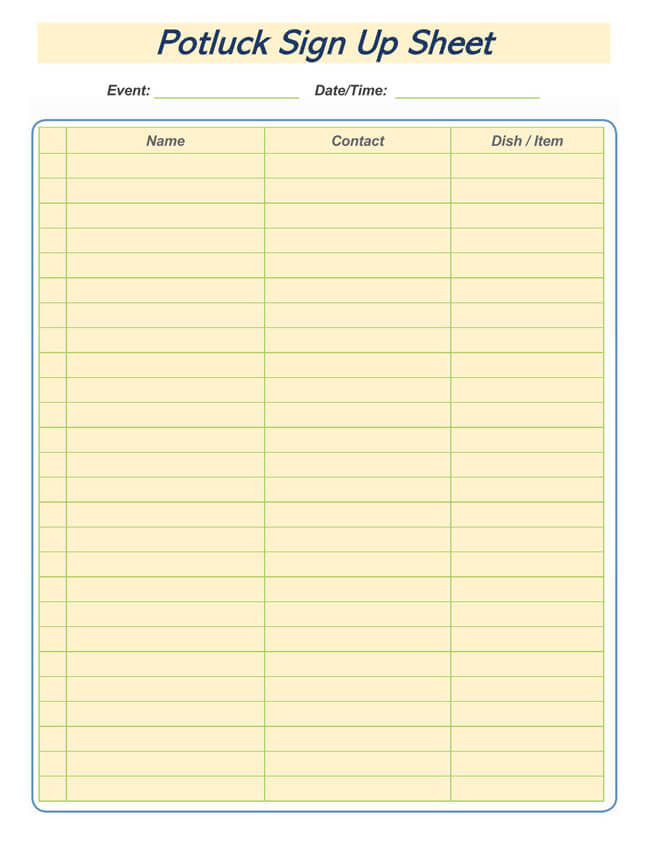 Free Potluck Sign-up Sheet Template in PDF