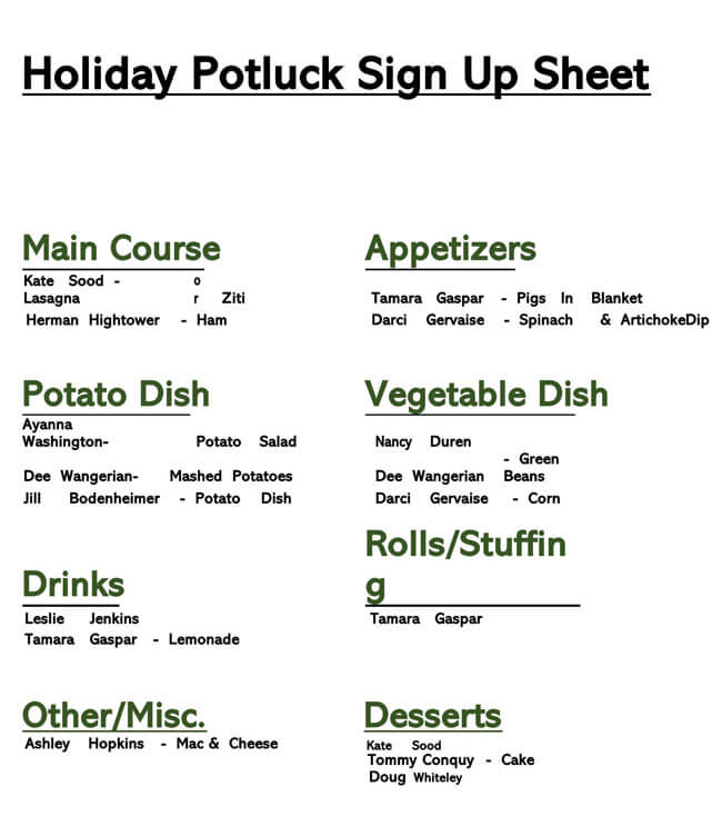 Free Downloadable Potluck Sign-up Sheet Example