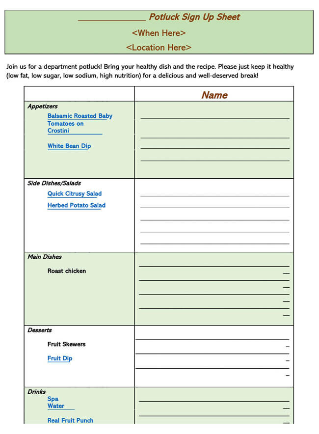 Potluck Sign-up Sheet Example in PDF