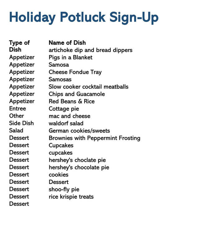 Editable Potluck Sign-up Sheet Sample for Holiday