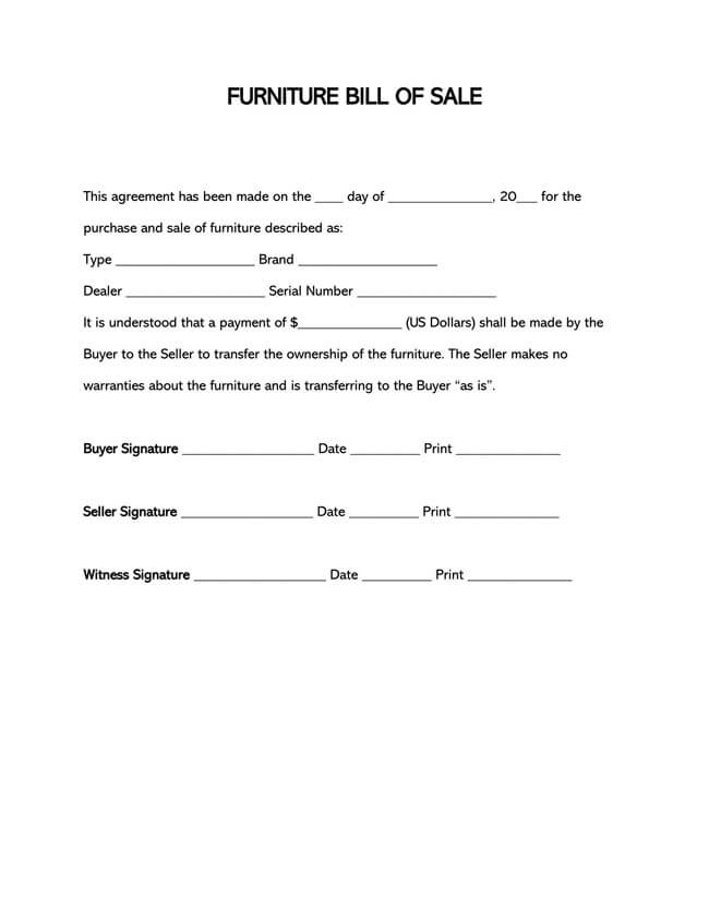 Get Your Furniture Bill of Sale Form - Free Downloadable Example