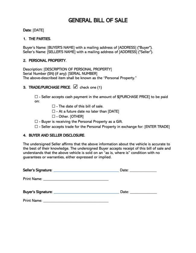 Generic Printable Bill of Sale Form - Sample Document