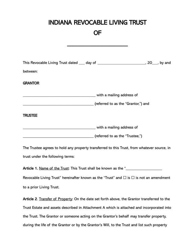 Indiana Revocable Living Trust Form