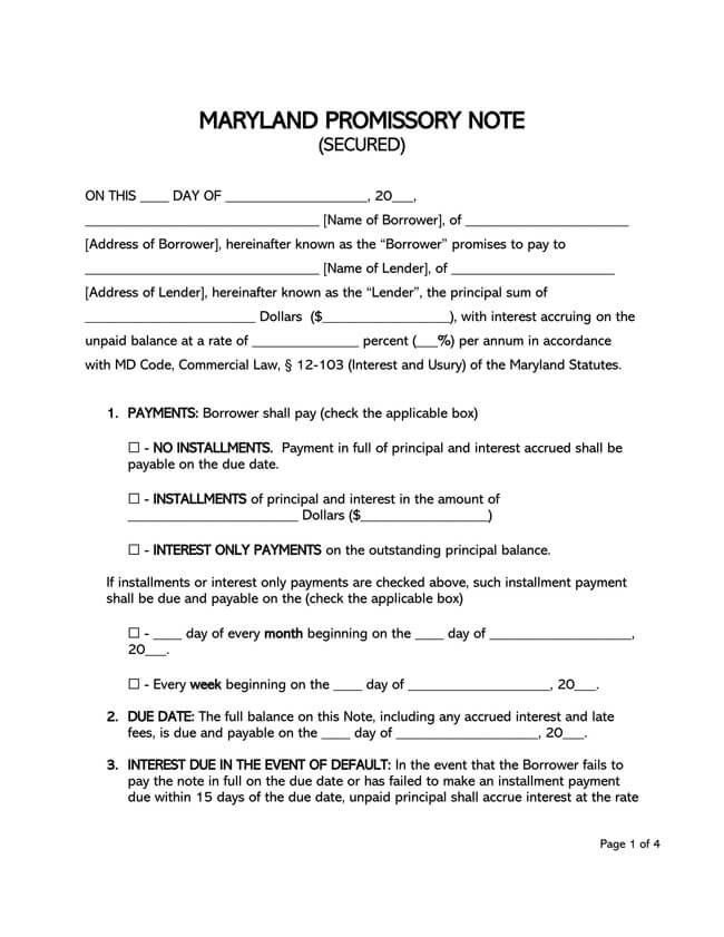Maryland Secured Promissory Note Template