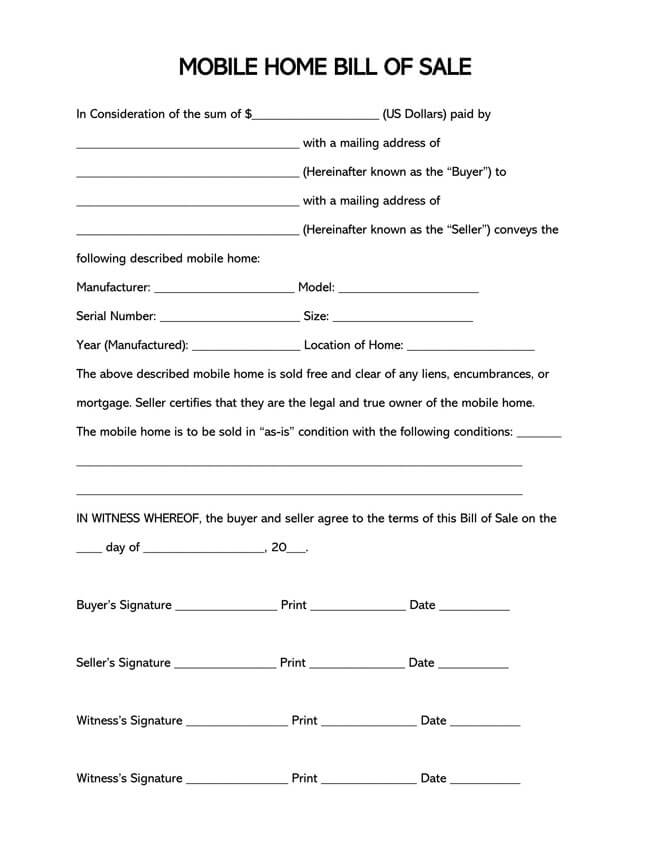 Great Editable Mobile Home Bill of Sale Form as Word Document