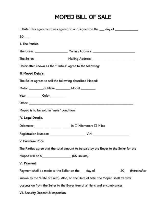 Moped Bill of Sale Form - Editable Template Download