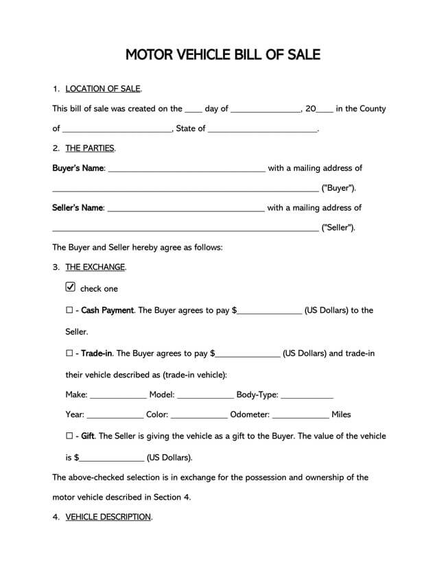 Great Editable Motor Vehicle Bill of Sale Form as Word Document