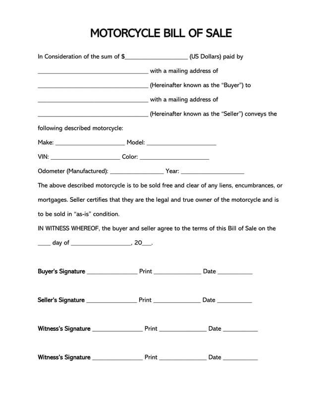 Motorcycle Bill of Sale Form - Printable Sample for Download