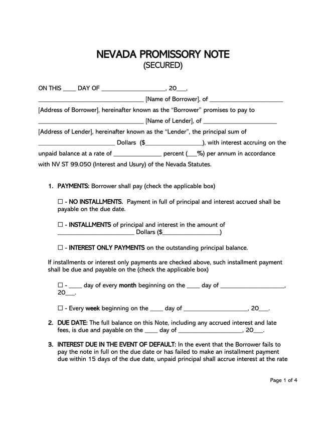 Nevada Secured Promissory Note Template