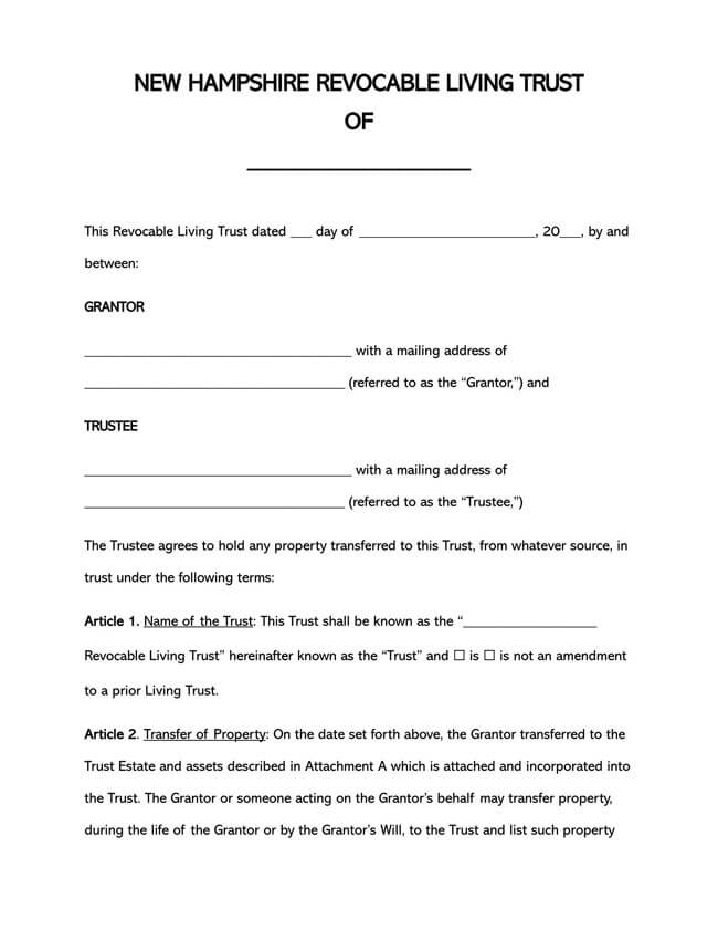 New Hampshire Revocable Living Trust Form