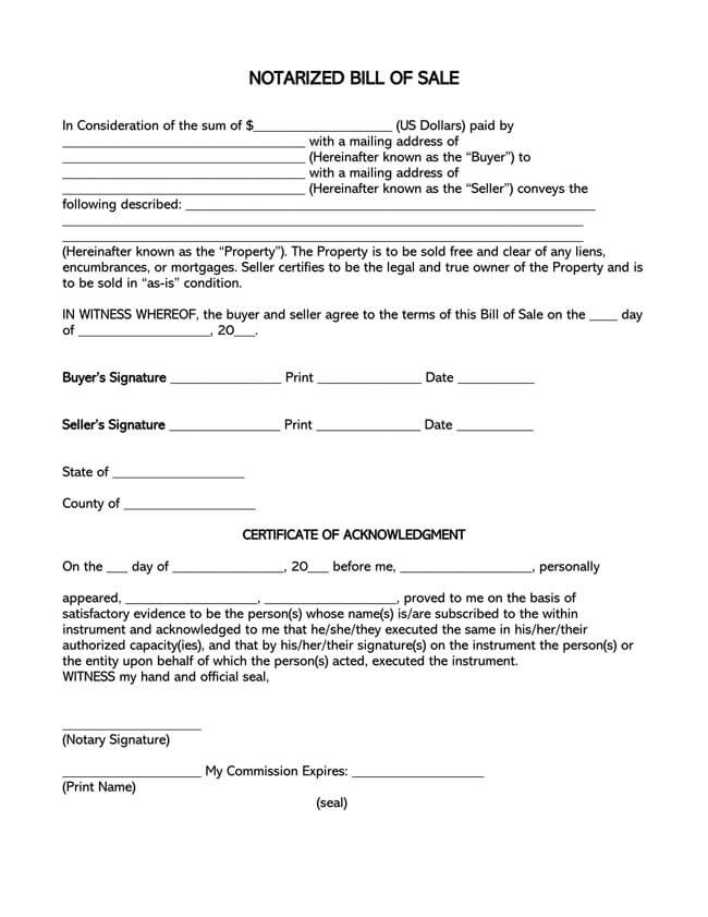 Editable Notarized Bill of Sale Form - Free Template