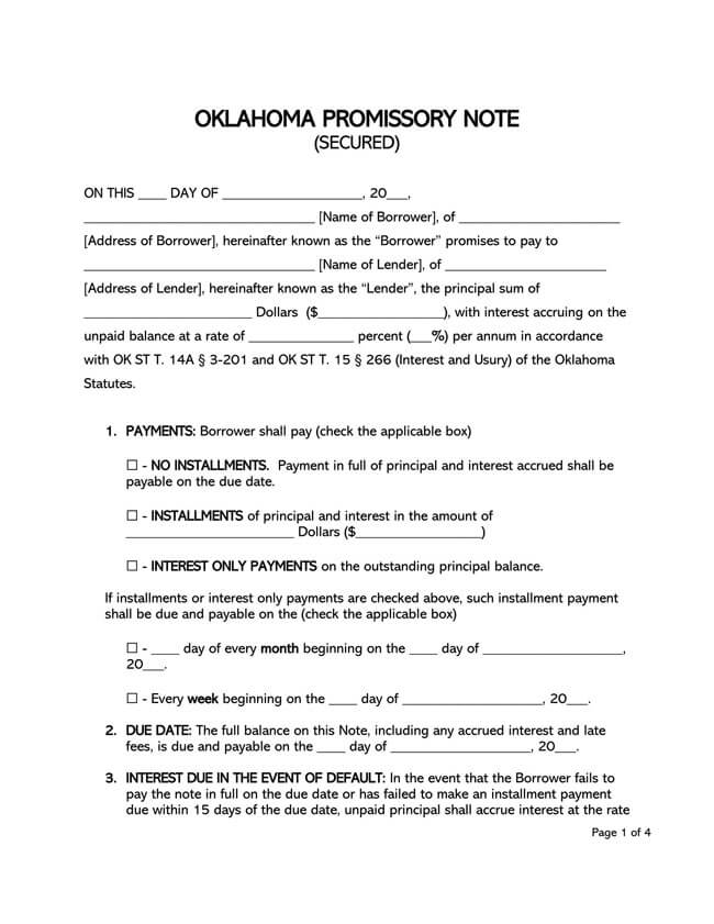 Oklahoma Secured Promissory Note Template