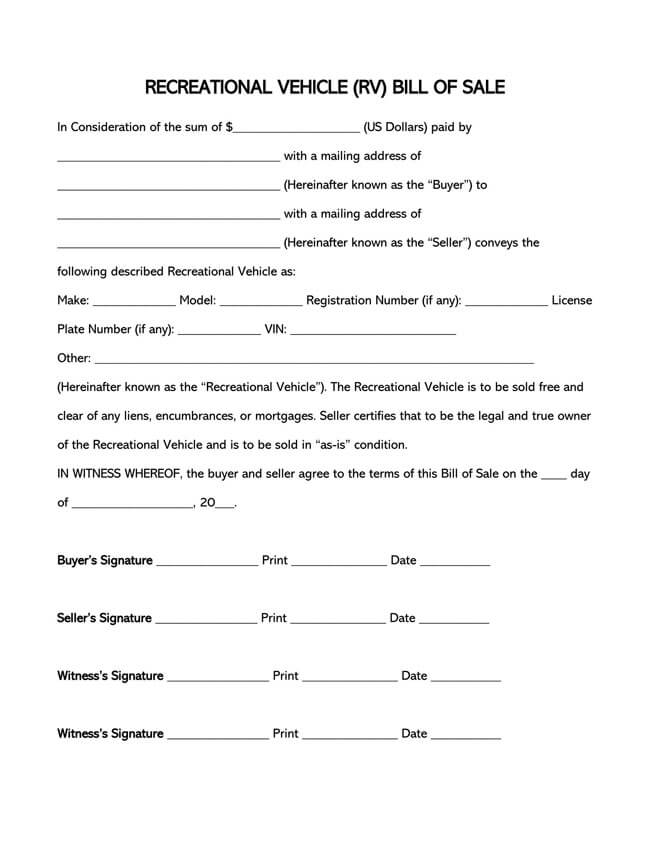 Great Editable RV Bill of Sale Form as Word Document