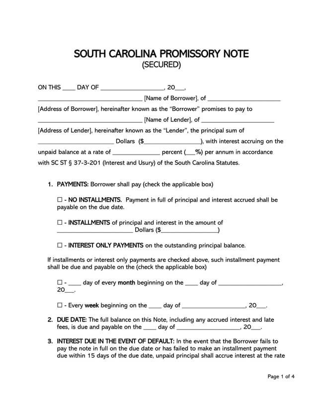 South Carolina Secured Promissory Note Template