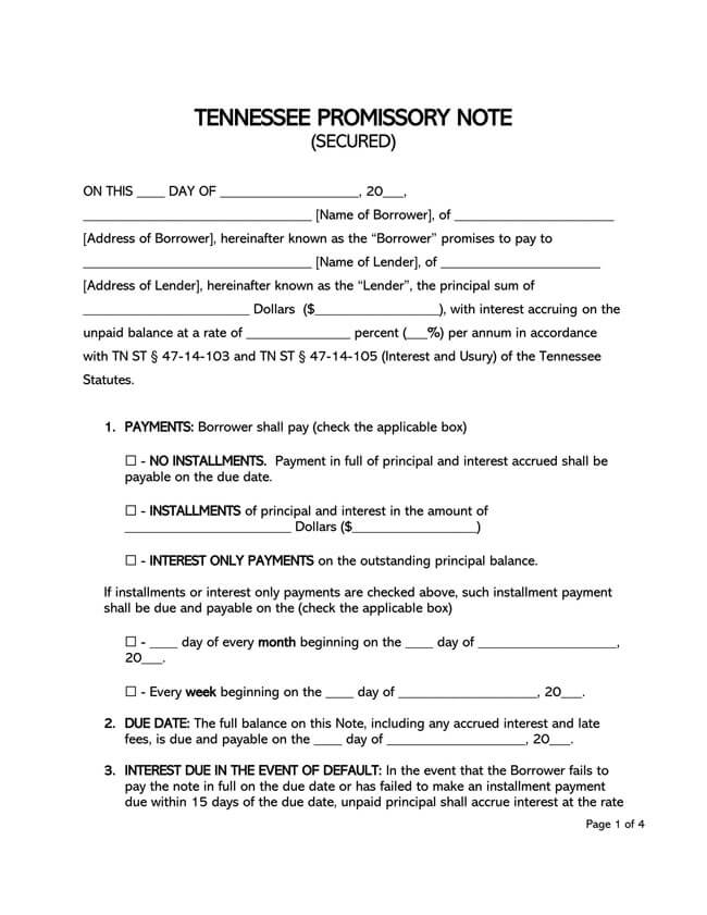 Tennessee Secured Promissory Note Template
