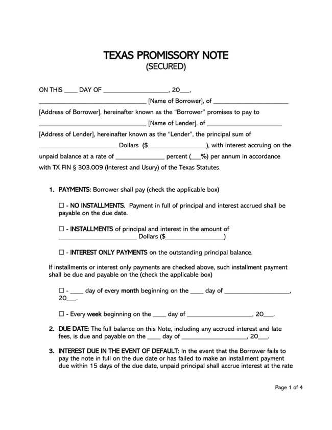 Texas Secured Promissory Note Template