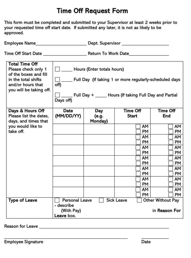 Employee time-off request form in Word document