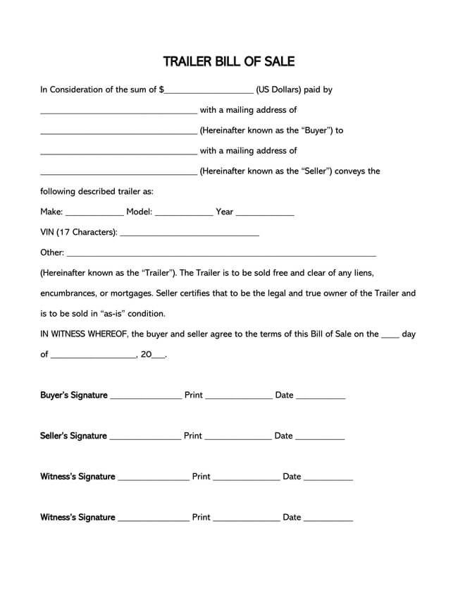 Great Editable Trailer Bill of Sale Form as Word Document