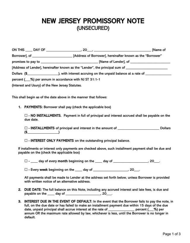 Unsecured Promissory Note New Jersey 