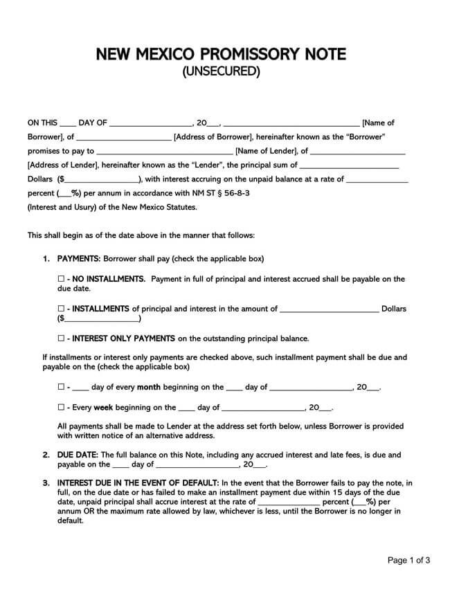 Unsecured Promissory Note New Mexico