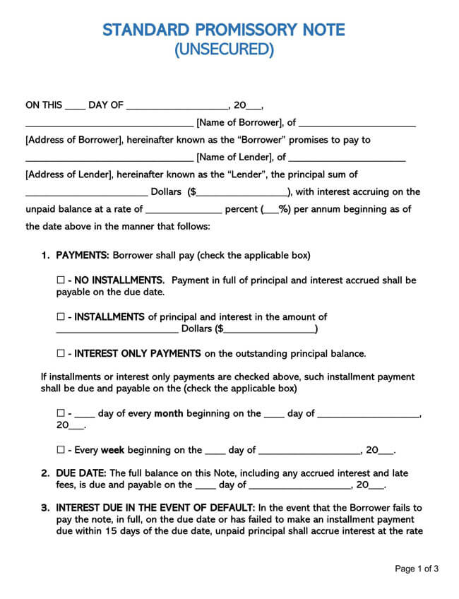 Free unsecured promissory note template download