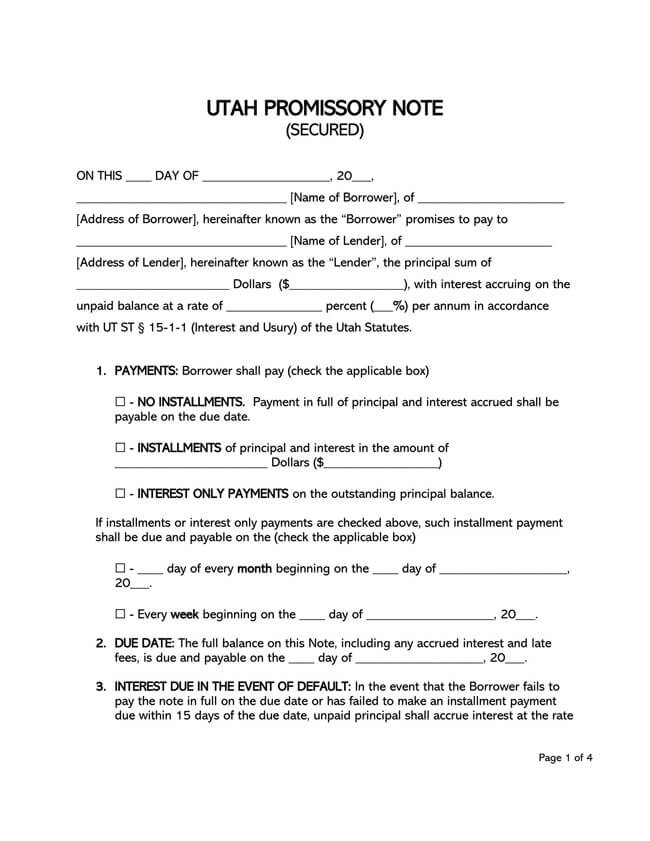 Utah Secured Promissory Note Template