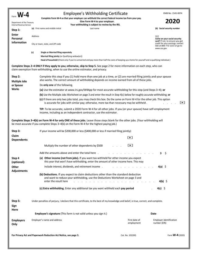 Free Editable 2020 W4 Form Template as Word Document