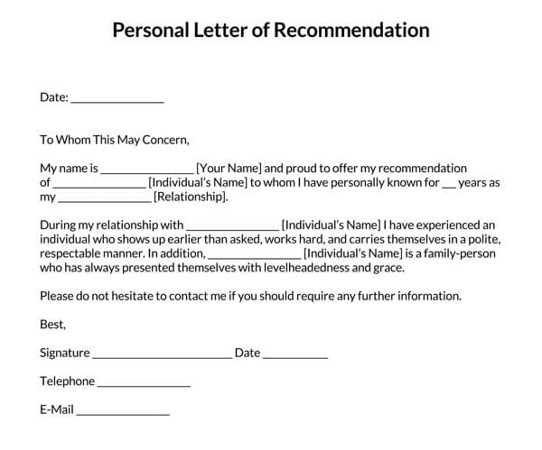 "Free editable personal recommendation letter template"