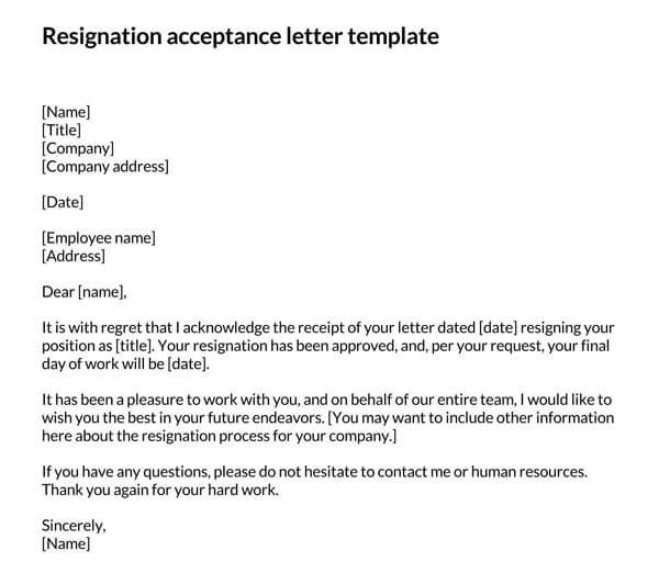 Resignation Acceptance Letter Template