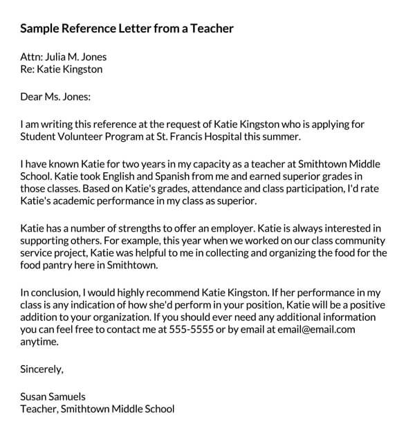 Free Downloadable Reference Letter from a Teacher for Student Volunteer Program Sample 01 as Word File