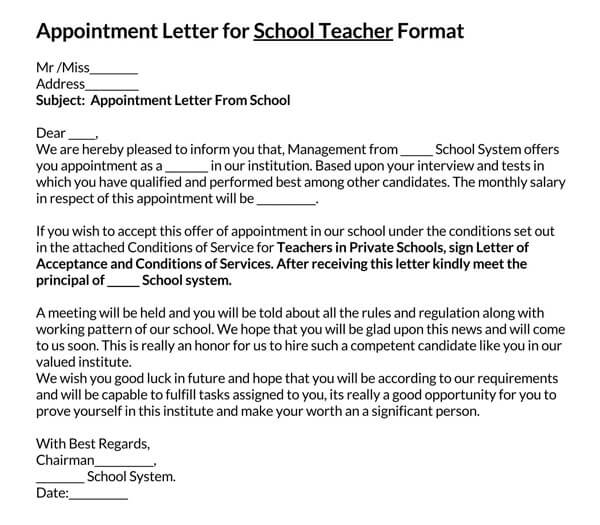 Teacher Appointment Letter - Free Sample