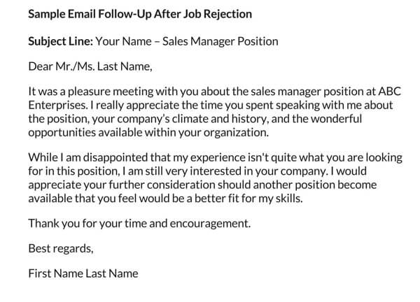 Great Printable Sales Manager Job Rejection Follow-up Email Sample for Word Format