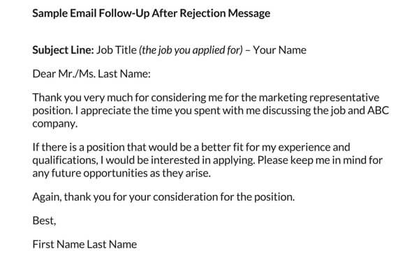Comprehensive Printable Marketing Representative Job Rejection Follow-up Email Sample for Word Format