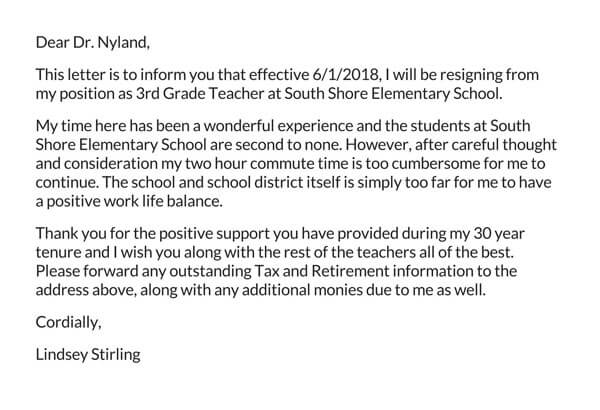 Free Teacher Resignation Letter Example