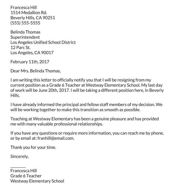 Professional Teacher Resignation Letter Sample
