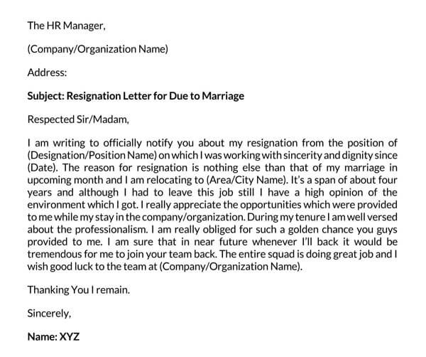 Editable resignation letter template due to marriage 03