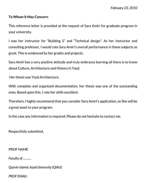 Free Printable Reference Letter for Student for Graduate Program Sample 01 as Word File