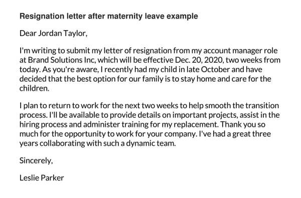 Great Editable Accounts Manager Maternity Leave Resignation Letter Sample as Word File